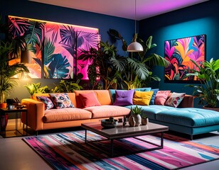 Maximalist living room interior with eclectic furniture and vibrant colors. A dynamic fusion of patterns, plants, and pop culture art for modern editorial use