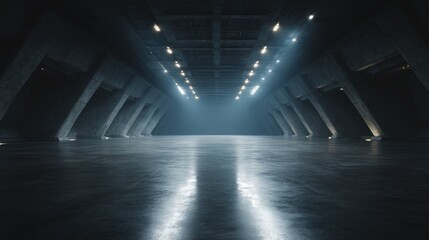 Mysterious hangar interior with strong architectural design and concrete walls