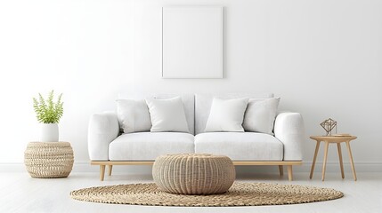 Fototapeta premium Modern Minimalist White Living Room with Wooden Coffee Table