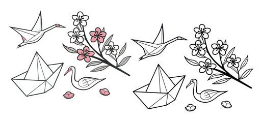 A charming collection of origami elements showcasing paper cranes paper boats and floral branches with a touch of color