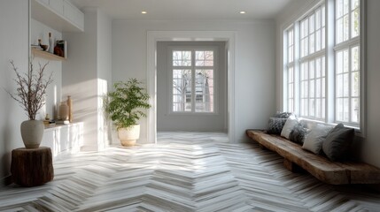 Bright and Spacious Interior with Herringbone Floor and Natural Light Flow