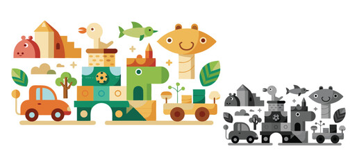 A colorful vector illustration of a fun and playful cityscape composed of building blocks and animated characters