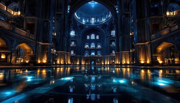 Dark church interior with water reflection