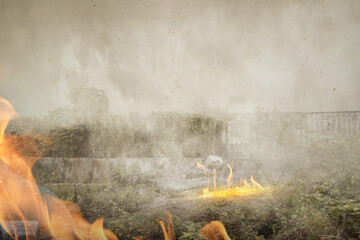 Burning fire on the warland. Inferno landscape, apocalyptic explosion illuminating barren, scorched...