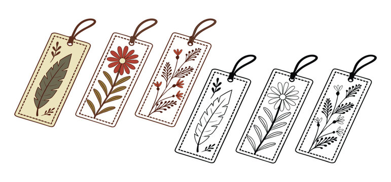 An artistic collection of decorative bookmarks with botanical and floral designs on a white background for reading