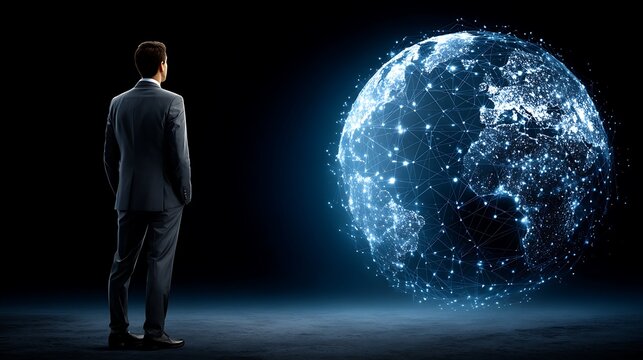 Businessman contemplating a glowing digital network connecting the earth from a dark futuristic landscape