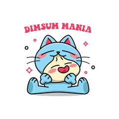 KAWAII BLUE CAT IS EATING A CUTE DIMSUM CARTOON DESIGN