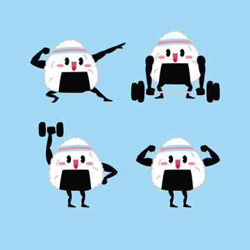 KAWAII AND MUSCLE ONIGIRI IS LIFTING DUMBLE CARTOON ILLUSTRATION SET