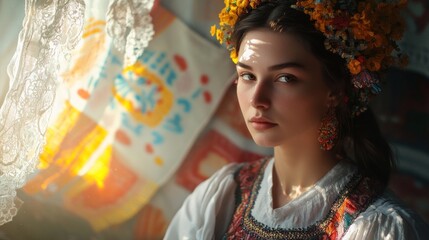 Portrait of a woman in traditional attire adorned with vibrant floral crown