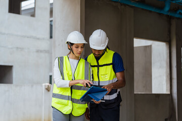 Two construction workers are looking at a tablet. One of them is wearing a yellow vest. The tablet is showing a drawing of a building