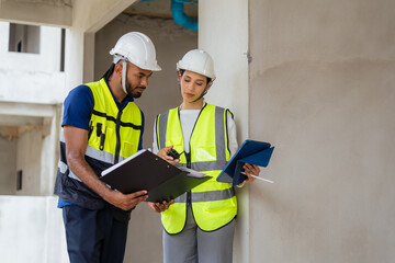 Two people wearing safety vests and hard hats looking at a wall. One of them is holding a clipboard