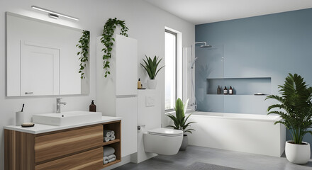 Obraz premium Modern, clean bathroom interior features white tiles, a sleek sink, and a large mirror, embodying contemporary luxury home design