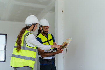 Two men are looking at a wall and one of them is wearing a yellow vest. They are looking at a book