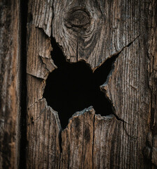 Cracked and broken wood panel with a dark hole