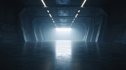 Symmetrical concrete tunnel with illuminated path for a futuristic concept