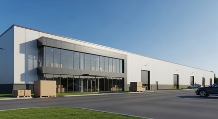 Modern Industrial Warehouse Building with Large Glass Entrance and Loading Docks