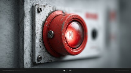 Industrial emergency stop button with a weathered appearance and a prominent red light