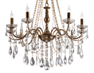 “Close-Up of Sparkling Crystal Chandelier Detailing with Hanging Faceted Crystals, isolated on a transparent background”