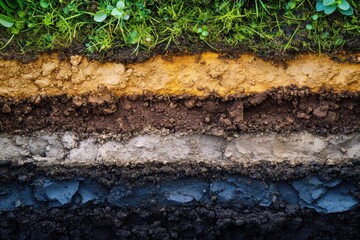 Layers of soil with grass on top, showing different colors and textures. Great for educational purposes like agriculture, geology or soil science.