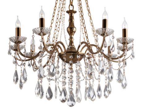 “Close-Up of Sparkling Crystal Chandelier Detailing with Hanging Faceted Crystals, isolated on a transparent background”
