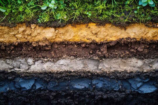 Layers of soil with grass on top, showing different colors and textures. Great for educational purposes like agriculture, geology or soil science.