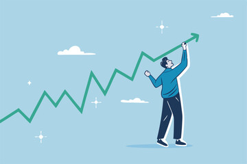 Financial growth, business up rising or growing well, planning to progress and increase profit, success achievement strategy concept, businessman drawing financial growing growth graph diagram.
