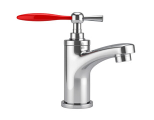  Silver metal faucet with bright red handle, front view, isolated on white background PNG 