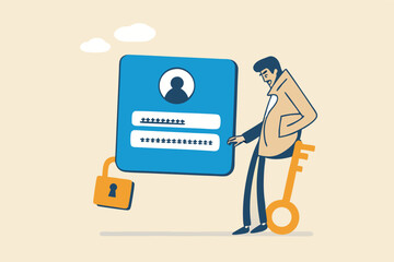 Strong password for cyber security, high protection and safety for login account, secure data privacy, online authentication concept, businessman hold key with user account lock with strong lock pad.