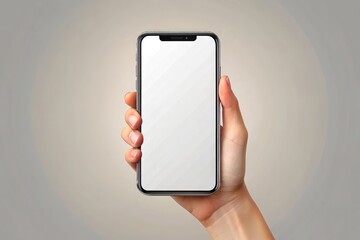 Close up of a hand holding a modern smartphone with a blank white screen