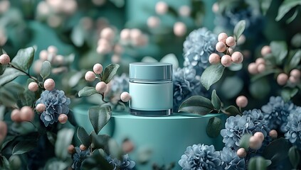 Light blue cosmetic jar mockup with pastel flowers and leaves

