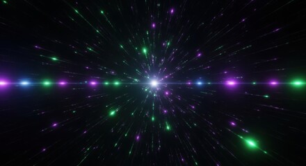 Abstract cosmic burst of multicolored lights and stars in expansive space background