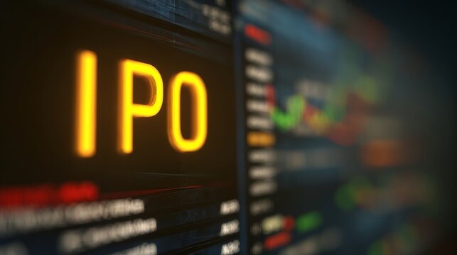 Close-up of golden stock market ticker displaying IPO with financial charts, symbolizing investment opportunities and capital market growth. Financial business and trading concept.