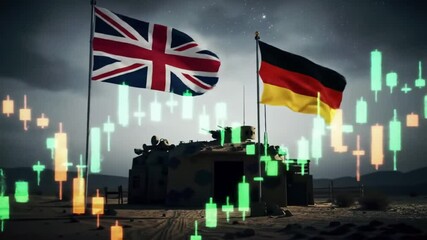 Military base with united kingdom and germany flags overlayed with stock market candlestick graphs in a desert setting - Powered by Adobe