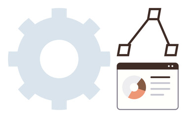 Large gear beside web interface with data chart, design elements, and visuals for creativity, development, technology, data optimization, teamwork, analytics and process improvement. A simple flat