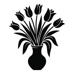 Elegant Black and White Silhouette Illustration of Tulips in a Vase