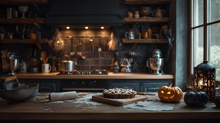 A beautifully decorated Halloween kitchen scene with a freshly baked pie and pumpkin.