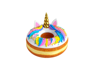 Whimsical Unicorn Donut with Golden Horn and Colorful Icing.