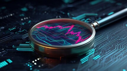 Magnifying glass over digital stock market graph on circuit board