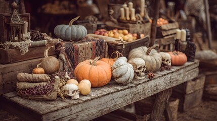 A captivating Halloween display with pumpkins, skulls, and autumn harvest.