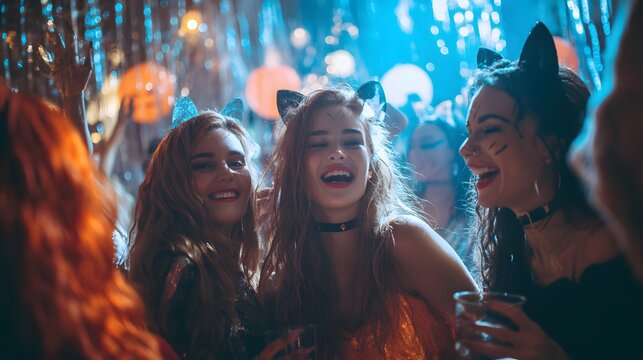 Women in cat ears enjoy a festive halloween party