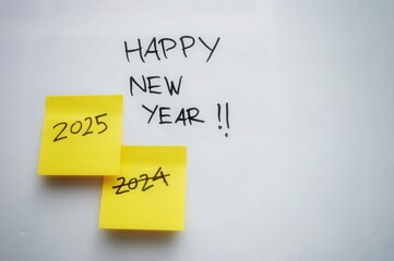Yellow sticky notes marked "2024" and "2025" against a white background with "Happy New Year!!" text, celebrating the transition to the new year