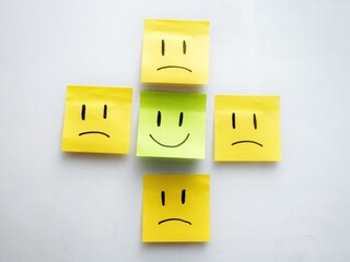 A green sticky note with a smiling face placed between two yellow sticky notes with angry faces,...