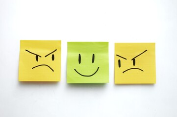 A green sticky note with a smiling face in between two yellow sticky notes with angry faces,...