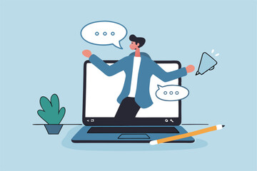 Online video interview, meeting discussion or teaching e-learning, job interview or employment, talk or chat with colleague, conference call, businessman talking on computer laptop online interview.