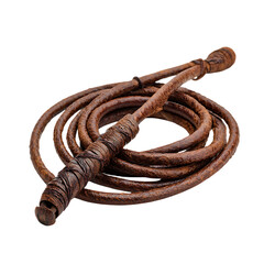 Close up of a coiled leather whip.