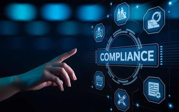 Hand interacts with digital compliance interface representing governance regulation and policy