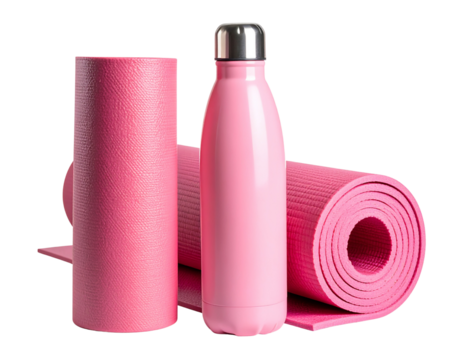  Pink yoga mat rolled with matching water bottle, flat lay front view, isolated on transparent background PNG