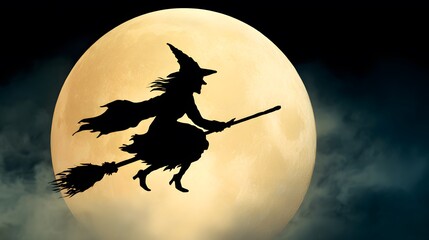 A witch in silhouette flies across a glowing full moon on a Halloween night.