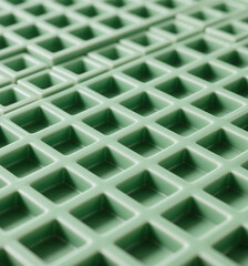 Green square tiles create a geometric pattern and textured surface