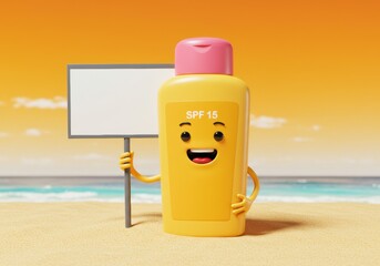 Uv safety awareness month: cartoon sunscreen with sign at sunny beach for skin protection concept